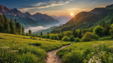 Beautiful summer landscape in the mountains. Sunrise over the valley.の写真素材