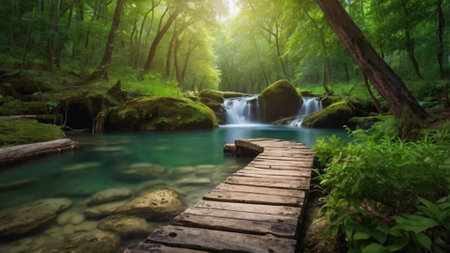 Waterfall in deep forest at Erawan National Park, Kanchanaburi, Thailandの写真素材