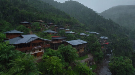 Tropical rainforest with wooden houses in the highlands.