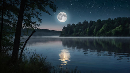 Landscape with lake and forest at night in full moon light.