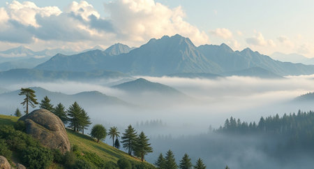 Panoramic view of the mountains in the morning mist. Beautiful mountain landscape.
