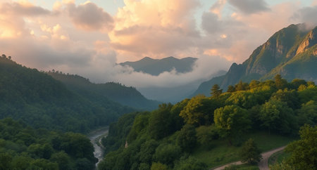 Panoramic view of the mountains and the river at sunset.の写真素材