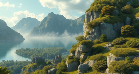 Beautiful summer landscape with lake and mountains. Panoramic view