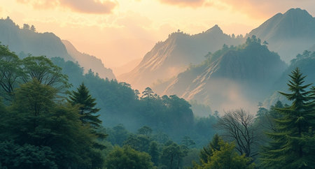 Beautiful landscape of the forest and mountains in the morning at sunset.の写真素材