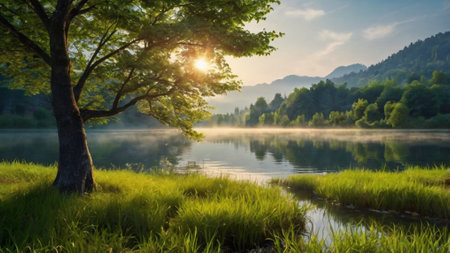 Beautiful summer landscape with lake and forest at sunrise. Panoramaの写真素材