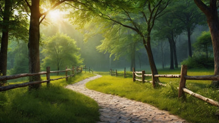 Beautiful landscape of green forest in the morning at sunrise. The path in the forest.の写真素材