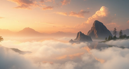 Mountain landscape. Foggy morning. Sunrise. Panorama.