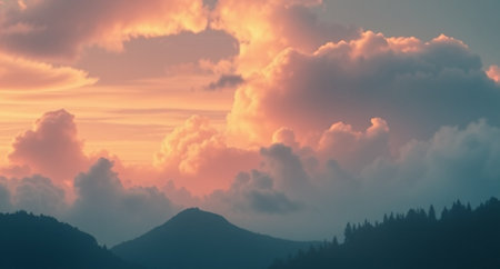 Mountain landscape at sunset. Panoramic view of the mountains and clouds.の写真素材