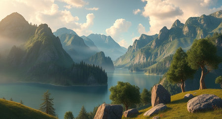 Beautiful summer landscape with mountains and lake in the mountains. Sunrise.