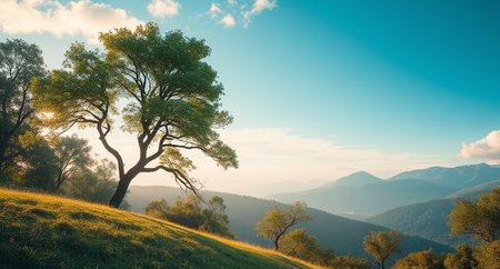 Beautiful summer landscape in the mountains with a tree on the hillsideの写真素材