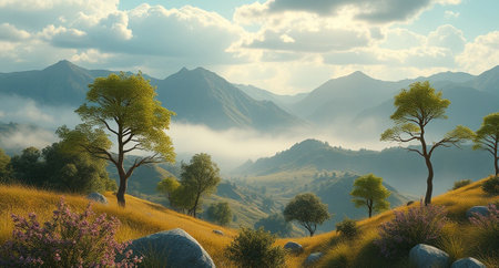 Mountain landscape with trees and flowers. 3d render illustration.