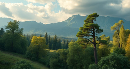 Beautiful summer landscape with pine trees and mountains at the background.