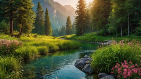 Beautiful summer landscape with mountain river and forest in the background.の写真素材