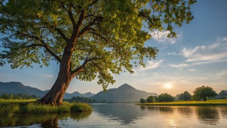Tree on the lake with mountain in background at sunset in summer.