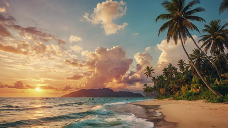 Tropical beach with palm trees at sunset, Seychellesの写真素材
