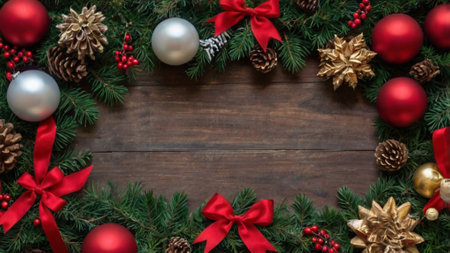 Christmas background with decoration on wooden board. Top view with copy spaceの写真素材