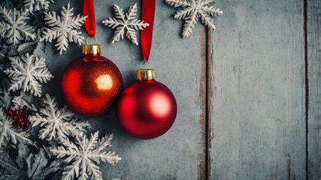 Christmas decoration on rustic wooden background with copy space, top viewの写真素材