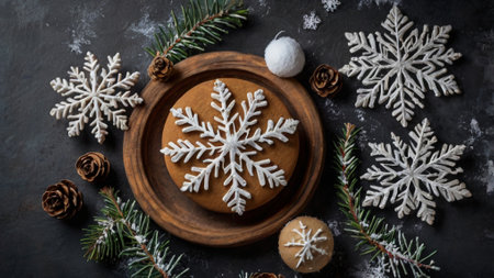 Christmas gingerbread cookies with white snowflakes on a dark backgroundの写真素材