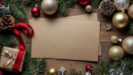 Christmas greeting card mockup on wooden background. Top view with copy space.の写真素材