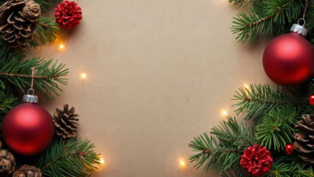 Christmas background with fir branches, cones and red balls. Top view, copy space