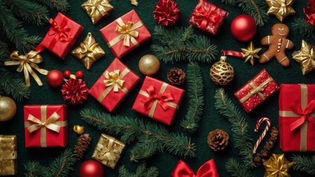 Christmas or New Year background with fir branches, red and gold decorations, gift boxes and gingerbread man on green background. Flat lay, top view.の写真素材