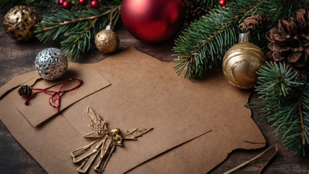 Christmas greeting card. Festive decoration on wooden background. New Year concept. Copy space.  Flat lay. Top view.の写真素材