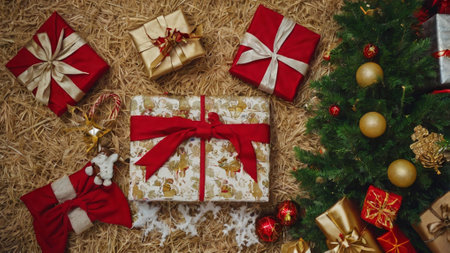 Gift boxes and christmas tree on straw background. Top view.の写真素材