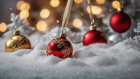Red and gold christmas baubles on snow with bokeh background