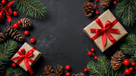 Christmas greeting card. Festive decoration on black background. New Year concept. Copy space.  Flat lay. Top view.の写真素材