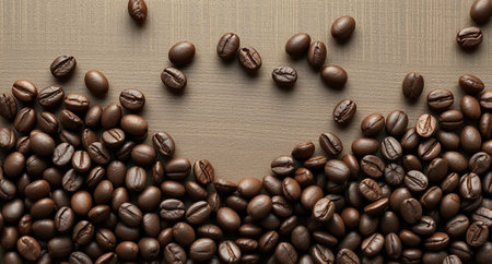 Coffee beans arranged in heart shape on wooden background, top view