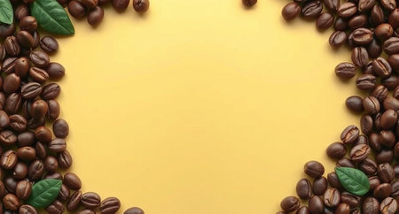 Coffee beans and green leaves on yellow background with copy spaceの写真素材
