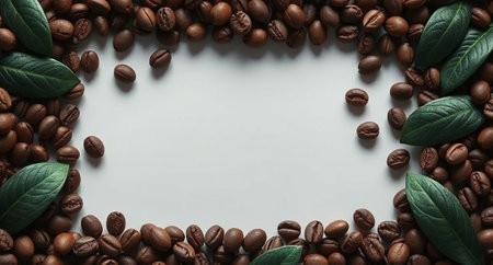 Coffee beans with green leaves on white background, top viewの写真素材