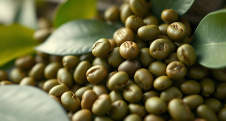 Green coffee beans on wooden table, closeup. Organic coffee beansの写真素材
