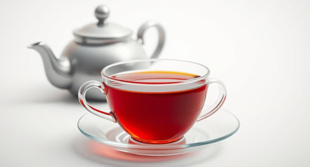 Cup of tea with teapot on a white background.の写真素材