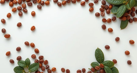 Coffee beans and green leaves on white background, top viewの写真素材