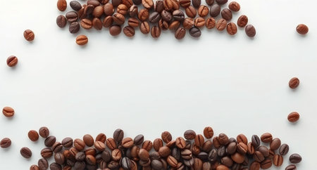 Coffee beans on a white background with space for text.