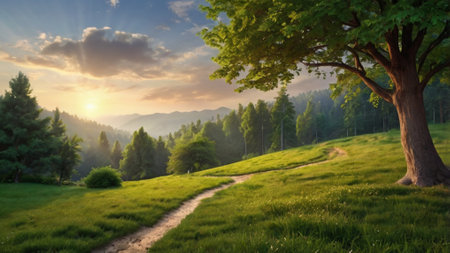 Sunrise in the summer forest. Panoramic view of the meadow and trees.の写真素材