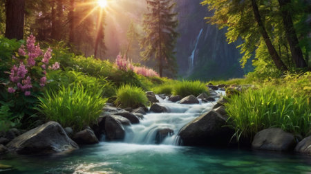 Beautiful waterfall in the alpine forest at sunset. Summer landscape.の写真素材