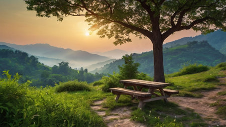 Wooden bench under a tree on a mountain meadow at sunset