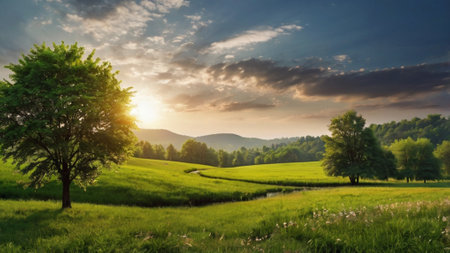 Beautiful summer landscape with green meadow, trees and sunset skyの写真素材