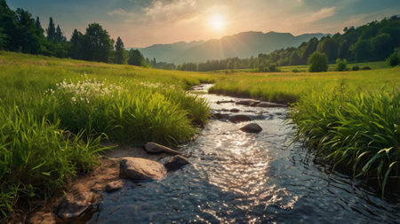 Panoramic view of the mountain river and meadow at sunsetの写真素材
