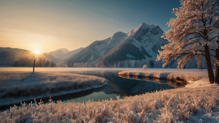 Beautiful winter landscape with frozen lake and mountains at sunrise, Switzerlandの写真素材