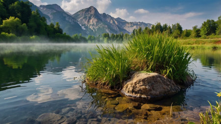 Panoramic view of a lake in the mountains. Beautiful summer landscape.の写真素材