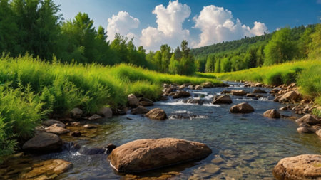 Panoramic view of the mountain river in the forest. Beautiful summer landscape.の写真素材