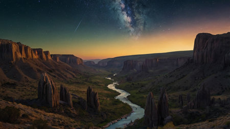 Panoramic view of Monument Valley at night, Arizona, USAの写真素材