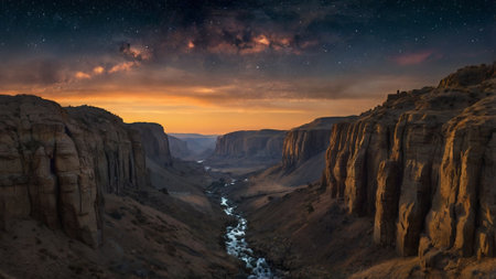 Mountain landscape at night. Panoramic view of the valley and the river.の写真素材