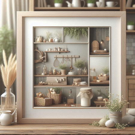 Wooden shelf with kitchen utensils. 3d render.の写真素材