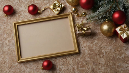 Christmas background with golden frame and christmas decorations. Top view.の写真素材