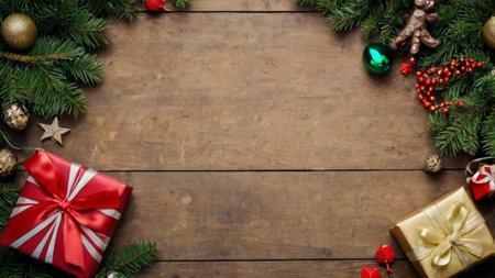 Christmas background with decorations on wooden board. Top view with copy space