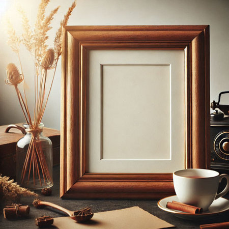 Blank picture frame mockup with cup of coffee on grey background. 3d renderingの写真素材